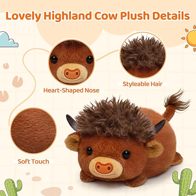 Mewaii Highland Cow Plush Pillow – Cute Happy Face Soft Brown Fur Stuffed Animal, Cuddly Cow Plush Toys for 3+ Year Old Kids & Adults (8Inch)