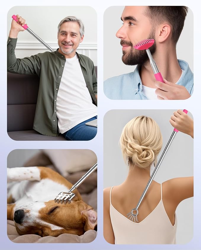 Gelibo Telescoping Back Scratcher with 5Pcs Detachable Heads, Extendable Back Massager Tool, Fathers Day Dad Gifts from Wife Daughter Son, Mens Gifts, Husband, with Beautiful Box - Pink