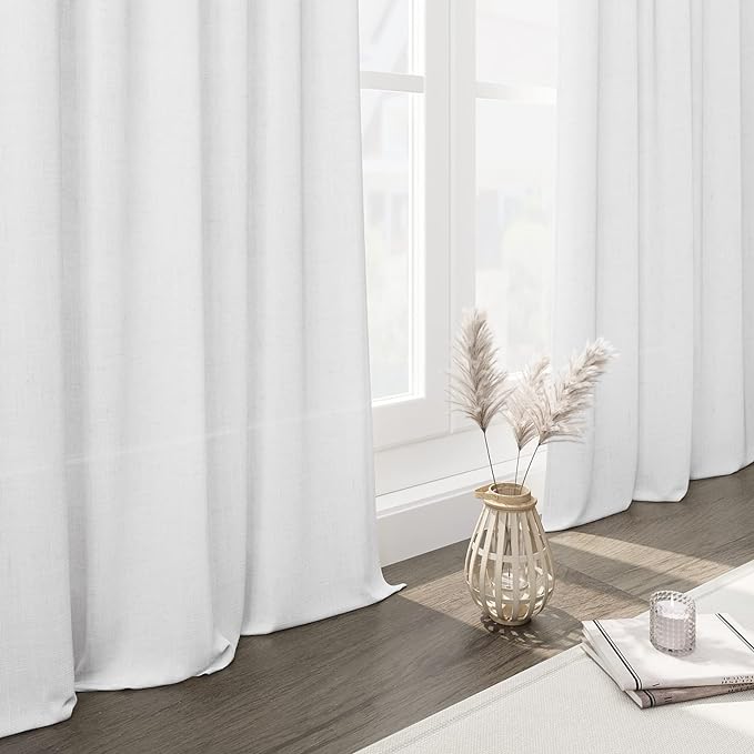 White Semi Sheer Linen Curtains 90 inch Length for Living Room Back Tab Rod Pocket Modern Farmhouse Coastal Decor Off White Cotton Textured Gauze Curtains 90 inches Long for Dining Room Office