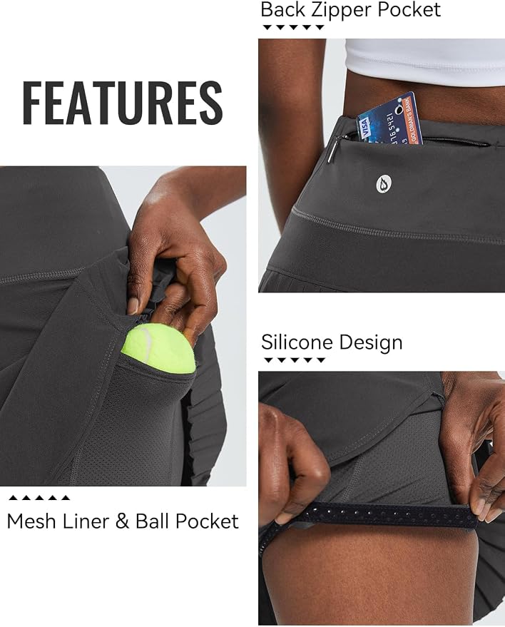 baleaf Tennis Skirt Pleated Golf Skorts with 3 Pockets | 14", Built in Shorts, High Waisted, Anti-slip Strip, Lightweight, for Athletic, Workout, Pickleball, Skorts for Women