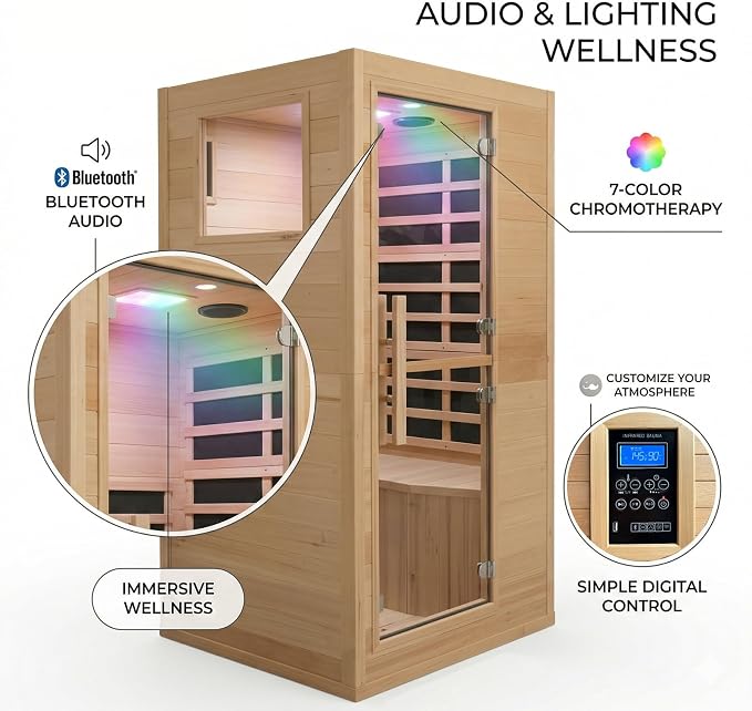 1 Person Low EMF Far Infrared Sauna, Natural Spruce Wood Compact Home Sauna, 1200W 110V, Bluetooth & Reading Light, 6mm Tempered Glass, Small Space Personal Sauna