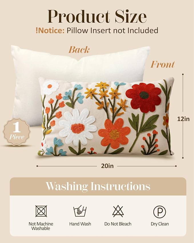 Embroidered Lumbar Pillow Cover 20x12 Inch, Flower Cluster | Decorative Throw Pillow Cover, Floral Farmhouse Cushion Case with Hidden Zipper, Home Decor for Couch, Sofa, Living Room