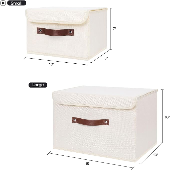 ANMINY Fabric Storage Box Bins with Lids, Beige, 10"x8"x7", 2 Pack | Keepsake Memory Storage, Cotton Linen, PP Board Reinforced, Washable, PU Handles, Foldable & Stackable, Decorative, Small