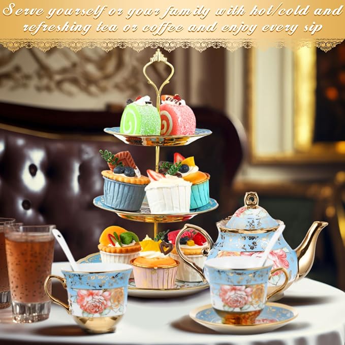 Maxcheck 21 Pcs Porcelain Tea Set for Women Tea Party with Metal Holder and 3 Tier Cake Stand Ceramic European Floral Teapot Set for Adults Mother's Day Christmas Thoughtful Gift(Advanced Style)