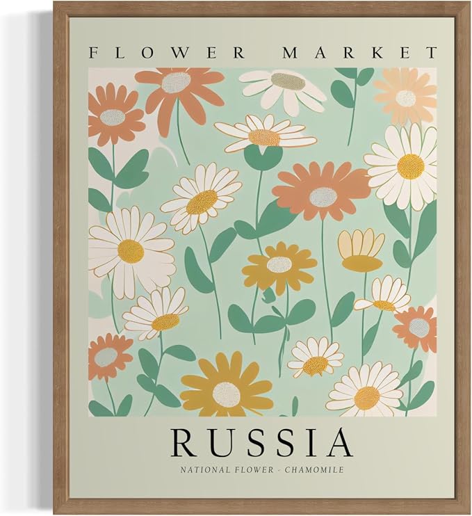 Russia Flower Market Art Print Poster, Wall Art Floral Painting Botanical Decor for Bedroom, Kitchen, Bathroom Livingroom Decoration 82B (Russia, 20"L x 16"W, Wood Frame)