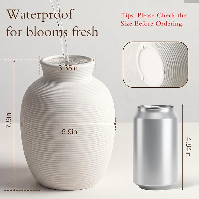 White Ceramic Vase for Flowers, 8in Waterproof Pottery Ceramic Vases | Flower Terracotta Vases for Farmhouse Table Centerpieces, Home Decor, Living Room