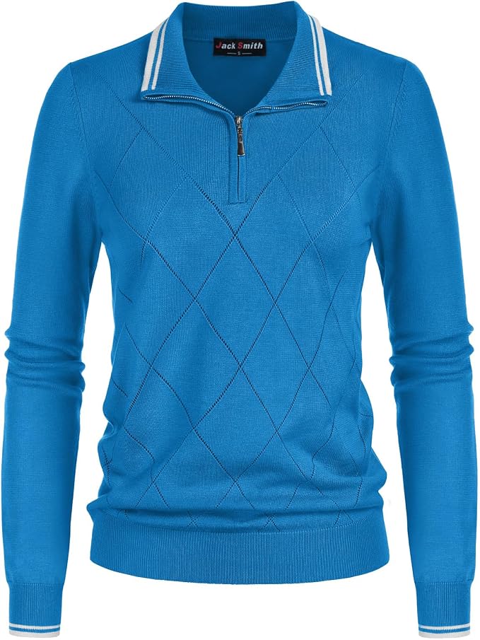 JACK SMITH Quarter Zip Pullover Sweaters for Womens, Rib Polo Sweater Tops | V Neck,Knit,Long Sleeve,Argyle,Open Pattern,Callar,Lightweight,Fashion,Golf Work Business Daily Wear Versatile Pullover Shirt