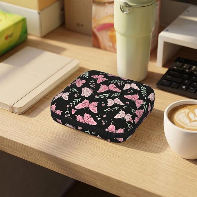 Butterfly Butterflies And Flowers Pink Period Bag For Women,Portable Sanitary Napkin Period Pad Pouch For Purse, Small Make Up Bags