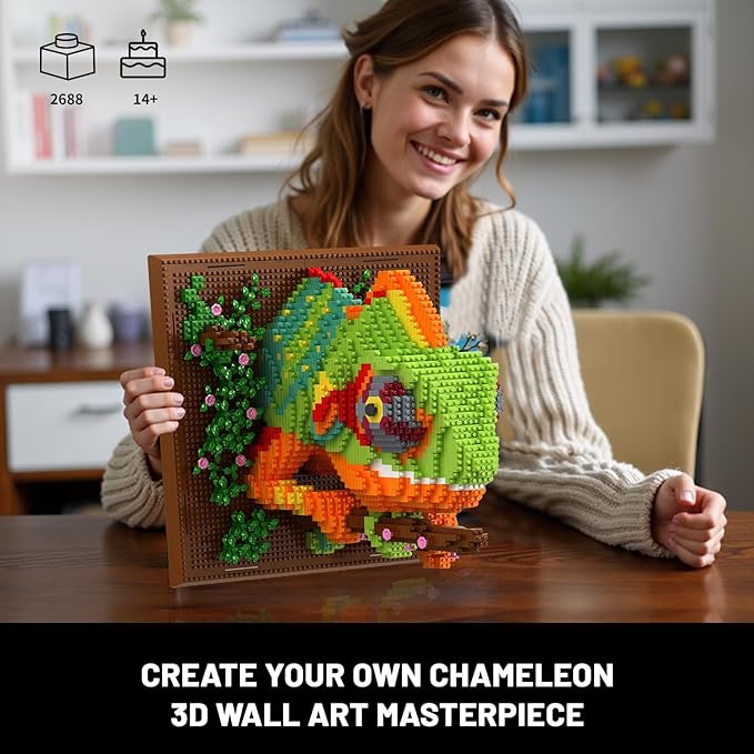 Chameleon Animal 3D Wall Art Micro Mini Building Blocks Set for Adults, Unique Home Wall Decor or Table Display, No Compatible with Lego, Ideal Birthday Toy for Kids Teens (2688 PCS)