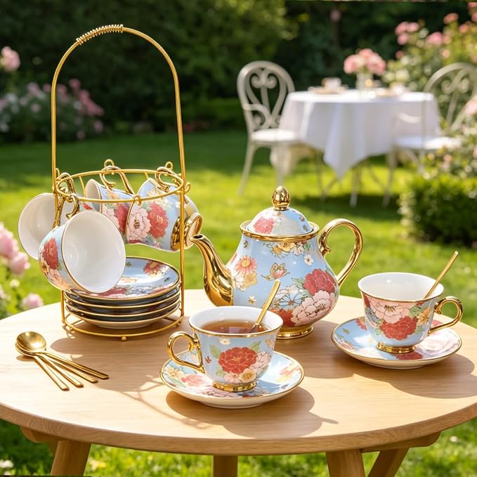 CHANJOON Gold Plated Red Rose Ceramic Tea Set, Vintage Tea Sets with Teapot, Beautiful Tea Set Coffee Serving 6 People (Green, X Large)