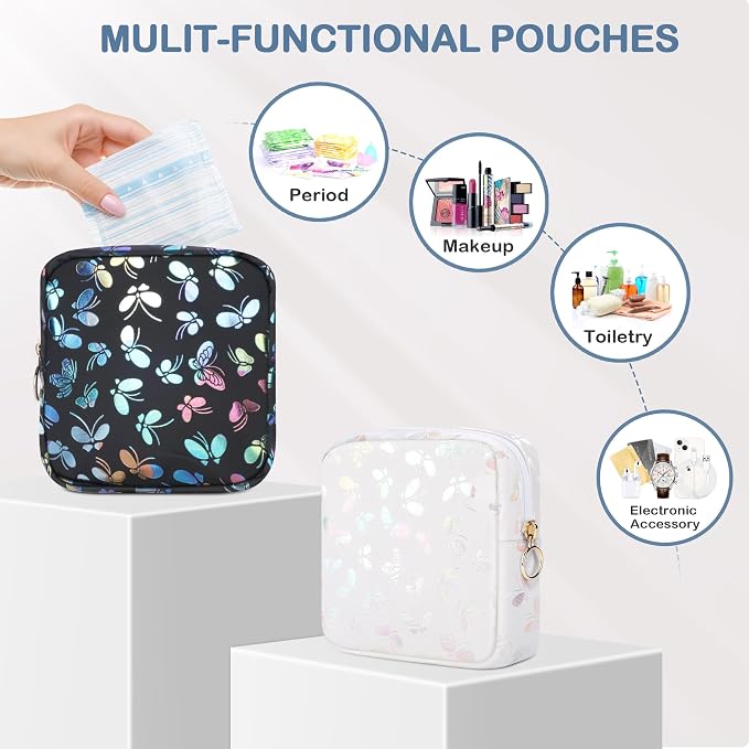 Likesing Period Bag Pouch, Leather Sanitary Napkin Storage Bag for Girls Womens, Portable Sanitary Napkin Period Pad Pouch Bag for Purse, Small Make Up Bags(Pink Butterflies)