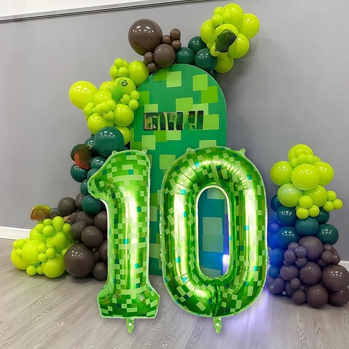 Number 10th Birthday Balloon Lime Green Pixel, 40 Inch Large Dark Kelly Green Number 10 Foil Balloons for Boys 10 Year Old Birthday Video Game Forest Golf Patrick's Day Party Decorations Supplies