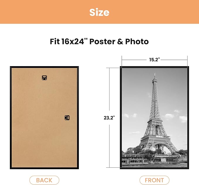 upsimples 16x24 Poster Frame, Easy Slide-In Assembly, Black, 3 Pack | Gallery Wall 16 x 24 Picture Frames Set for Family, Wedding, Christmas, Easy to Change Photos