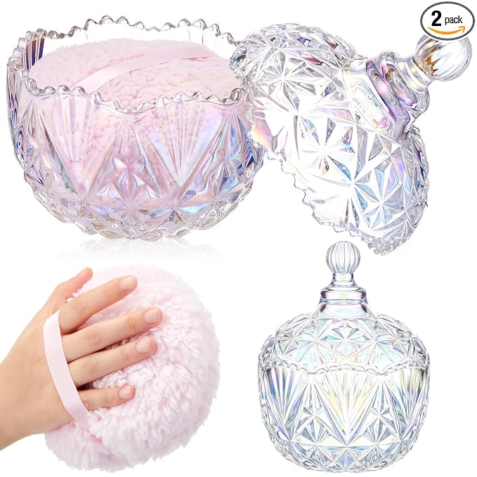 Tioncy 2 Pcs Extra Large Dusting Powder Puff and Container for Women-6'' Glass Crystal Dusting Powder Container with Body Soft Washable Reusable Velour Face(Dazzling,Crown)