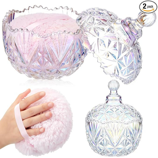 Tioncy 2 Pcs Extra Large Dusting Powder Puff and Container for Women-6'' Glass Crystal Dusting Powder Container with Body Soft Washable Reusable Velour Face(Dazzling,Crown)