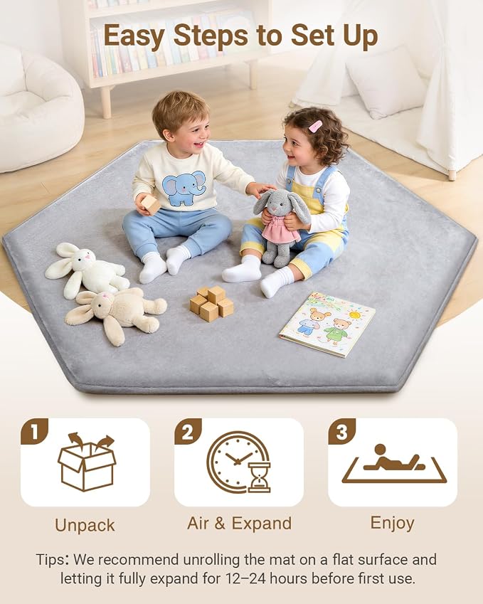 Thick Hexagon Playpen Mat,65x56 Inch Baby Play Mat for Floor,Soft Support & Plush Feel Foam Mats Play Tent Mats for Infant,Kids,and Toddler Crawling,Non-Slip Back for Indoor Playhouses(Light Grey)