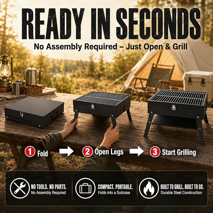Portable BBQ Charcoal Camping Grill: Tabletop Folding Barbecue Grills | for Outdoor Cooking, Beach, Travel, Tailgates, Fathers Day Birthday Grilling Gift for Men Dad Husband