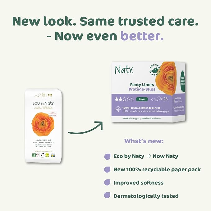 Naty Daily Panty Liners for Women, Large, Wrapped, 28 Count | 100% Organic Cotton top Sheet, Certified Skin-Safe, Thin, Unscented, Absorbent Protection, Comfortable & Breathable