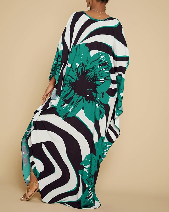 Bsubseach Kaftan Dresses for Women Floral Print Plus Size Beach Cover Up | Lightweight V Neck Loose Fit Boho Dress, Batwing Sleeve Side Slit, Moo Moos for Women Home Loungwear Cruise Resort Wear