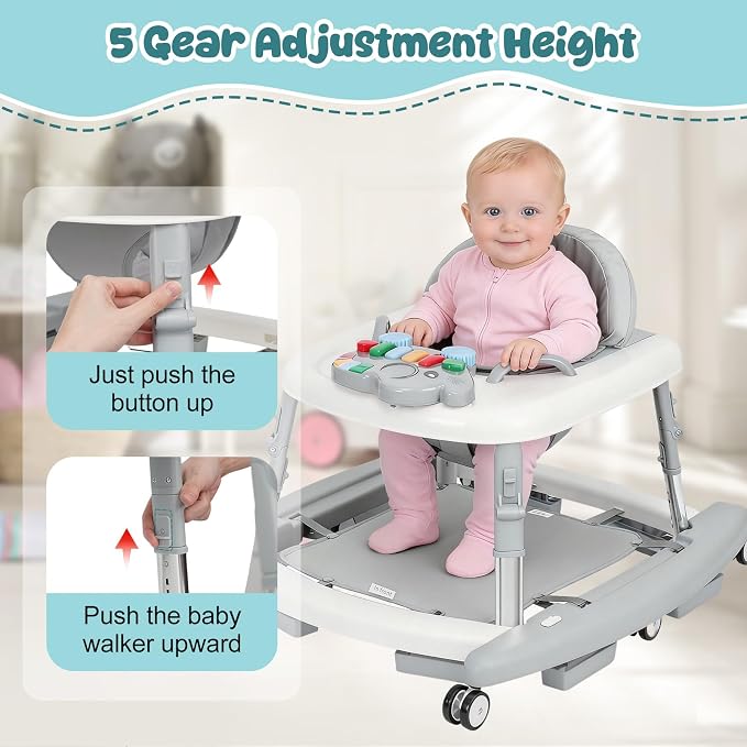 5-in-1 Baby Walker for Boys and Girls Music and Lights 6-18 Months, Foldable Baby Walkers with 5 Adjustable Heights, Infant Toddler Walker with Wheels and Combo Portable（Grey）