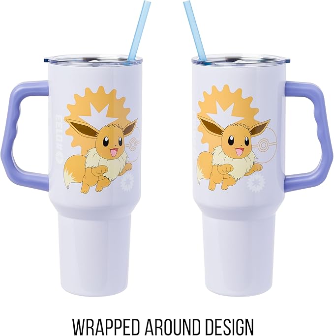 Silver Buffalo Pokémon Double Walled Stainless Steel Tumbler with Handle Featuring Eevee, Fits in Standard Cup Holder, 40 Ounces