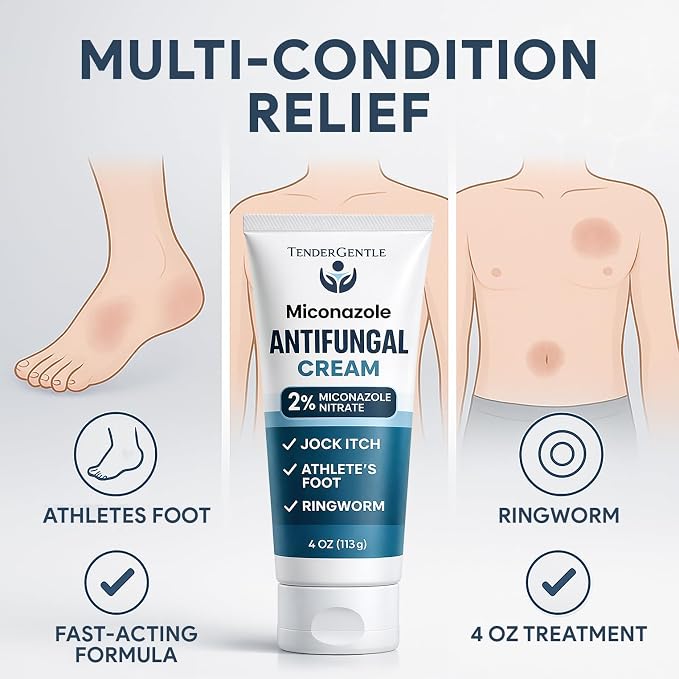 Miconazole Antifungal Cream for Skin - 4 oz Tube, 4 Pack - Miconazole Nitrate for Jock Itch, Athlete's Foot, Itching, and Ringworm