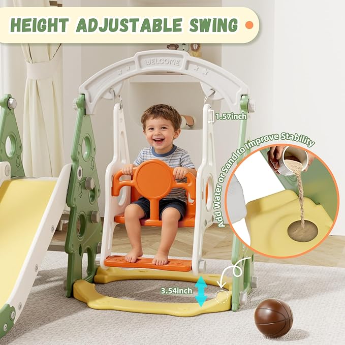 XJD 4-in-1 Toddler Slide and Swing Set, Kids Slide for Toddlers Age 1+, Toddler Outdoor Playset with Basketball Hoop, Swing, Christmas Birthday Gifts for Kids (Green)