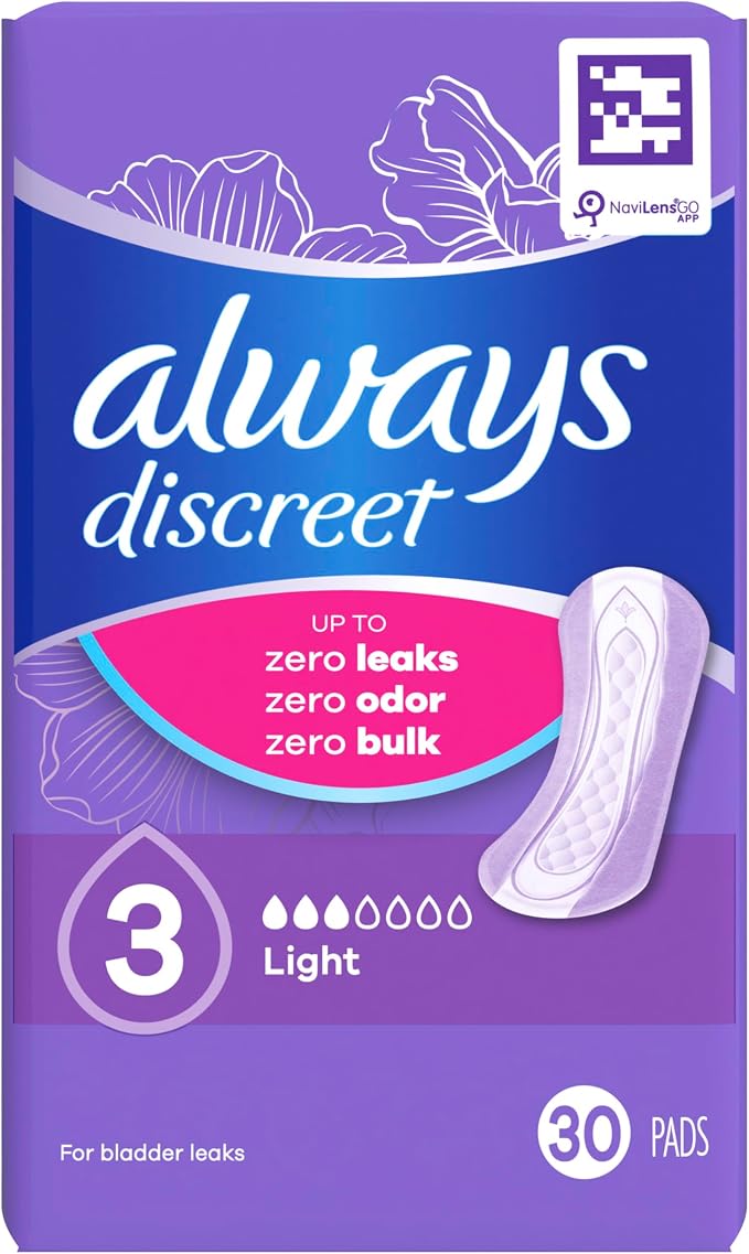Always Discreet, Incontinence & Postpartum Liners For Women, Size 3, Light Absorbency, Regular Length, 30 Count