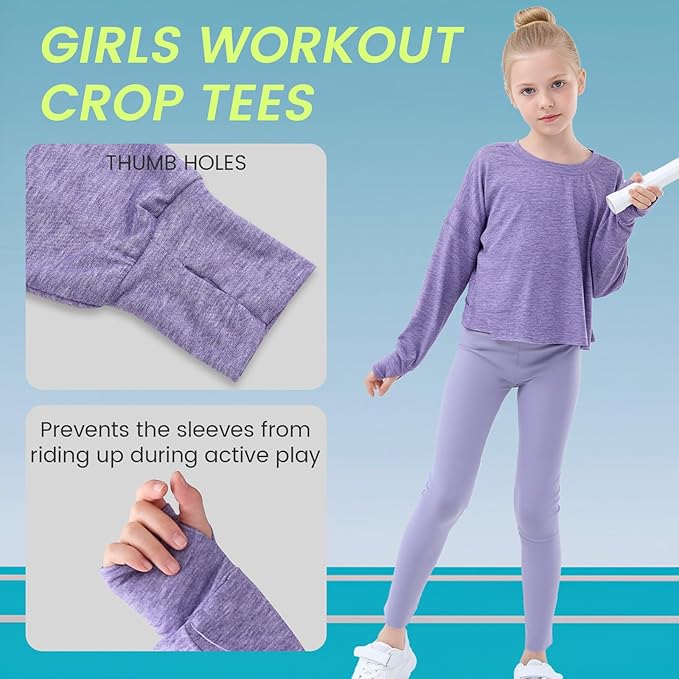 Gogokids Girls Shirts Long Sleeve Athletic Shirts Open Back Tops Active Sports Tshirts Yoga Workout Crop Tees 5-14 Years