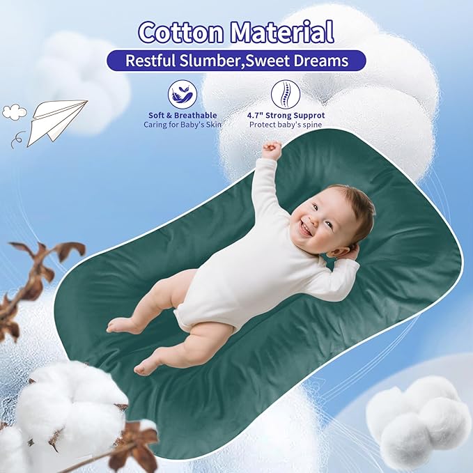 Baby Lounger 0-24 Months 100% Cotton-Snuggle Cozy Me Lounger,Soft & Breathable Baby Lounger for Newborn Play Mat,Infant Babies Essentials Gifts,Green(Lounger Cover Included)