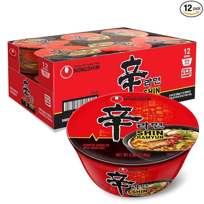 Nongshim Shin Ramyun Bowl Noodles, Spicy Korean Signature Instant Ramyun, Rich Beef Flavored Broth, Quick and Easy, Microwaveable Bowl, 3.03 oz (Pack of 12)