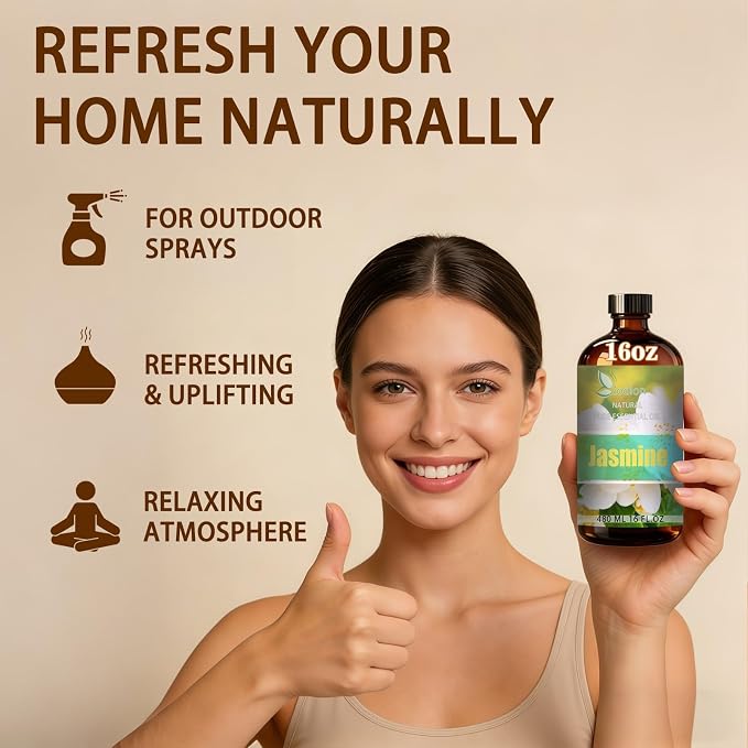 Jasmine Essential Oil - Jasmine Oil for Diffuser, 16 Fl Oz(480ml) | Candle Making, Soap Making, aroma, Strong Scent, Pure, Natural, Home Fragrance, Massage, Large Bottle