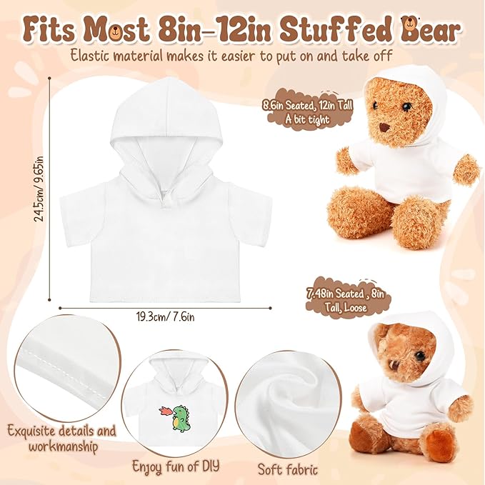 12 Pcs 8-12 Inch Stffed Bear Shirt Hoodies Bulk Blank Plush Animal Doll Clothes Tshirt for Sulimate DIY Stuffed Doll Outfit