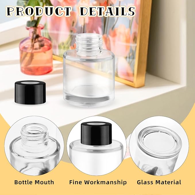 6 Pcs Glass Diffuser Clear Refillable Round Glass Diffuser with Black Lids for Aromatherapy Fragrance DIY Replacement Essential Oils Crafts - 50ml/1.7oz
