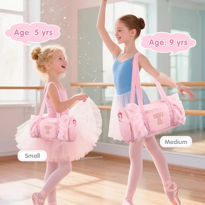 Personalized Initial Dance Bag for Girls 4-6, Small Lace Gym Sport Yoga Cheer Dance Bags Gift for Teen Girls, Cute Letter Kids Ballet Bag Toddler Travel Duffel Tote with Adjustable Straps(Pink-T)