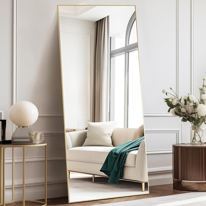 DUMOS 70.4"x25.6" Full Length Mirror with Stand, Floor Body Mirrors Shatter-proorf Nano Glass with Aluminum Frame, Free Standing or Hanging Leaning, Modern Simple for Home Decor, Gold