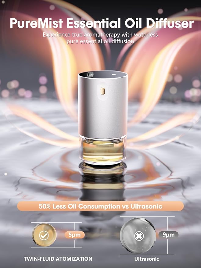 Waterless Essential Oil Diffuser, Rechargeable Aromatherapy Scent Diffusers for Home, Car, Bedroom, Office, 1/2/4/8-Hour Timer, 100ml Capacity, 3 Mist Levels, Silver