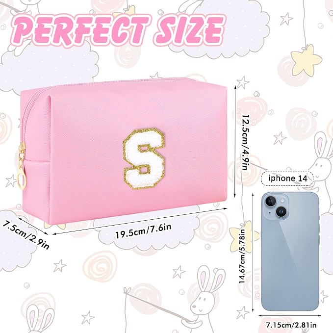 URSKYTOUS Patch Makeup Bag Travel Small Cosmetic Bag Pink PU Makeup Pouch Zippered Personalized Preppy Initial Skin Care Stuff Bag for Women Birthday Gift Teen Girl Gifts Trendy Stuff(S)