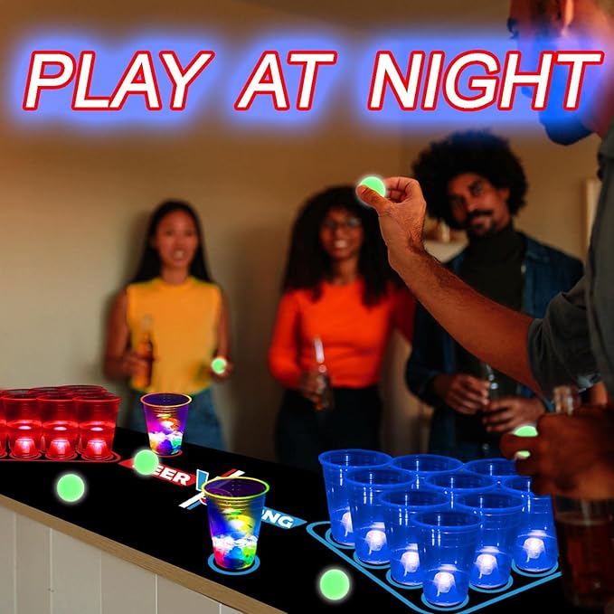 Glowing Beer Pong Table Mat for Drinking Game Light Up Plastic Cups and Pongs Beer Pong Set for Party Game Indoor Outdoor Pong Game, Party Supplies Decor 71 * 23inch