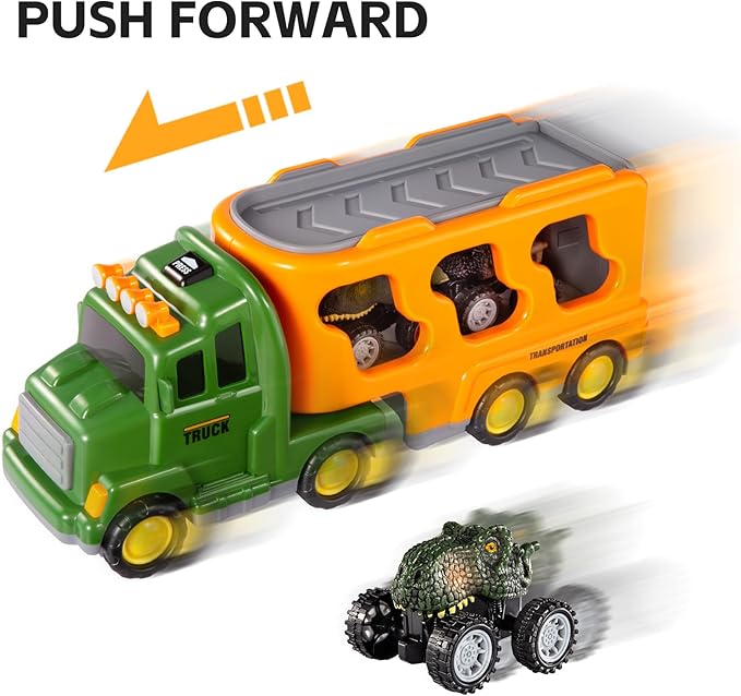 TEMI Dinosaurs Truck Toys for Boys Kids 3-5 Years, Transport Car with 3 Dinosaur Figures and 3 Monster Cars, Friction Powered Toy Vehicle in Carrier with Light and Sound, Toddler Play Gifts Set