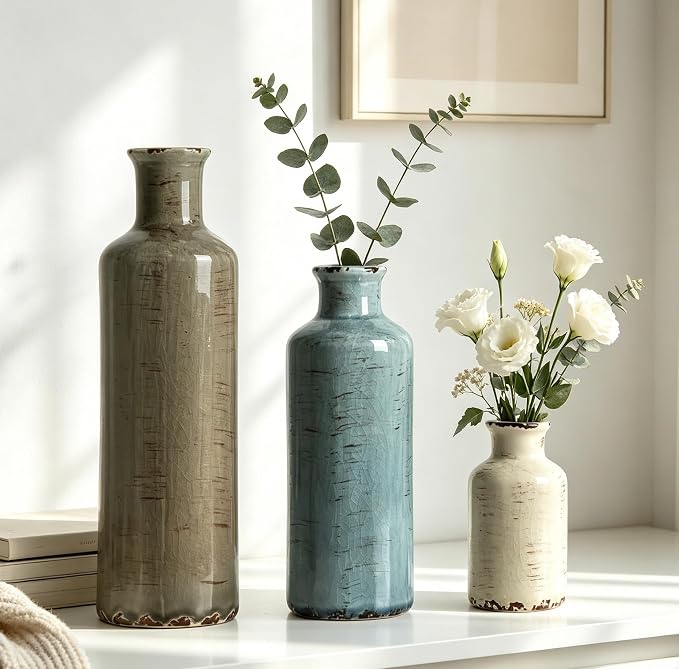 CUCUMI Ceramic Vases Set of 3, Rustic Vintage Vases Coastal Home Decor | Farmhouse Flower Vases Decor for Shelves, Ocean Beach Style, Mantle, Fireplace, Coffee Table, Shelf Decorations