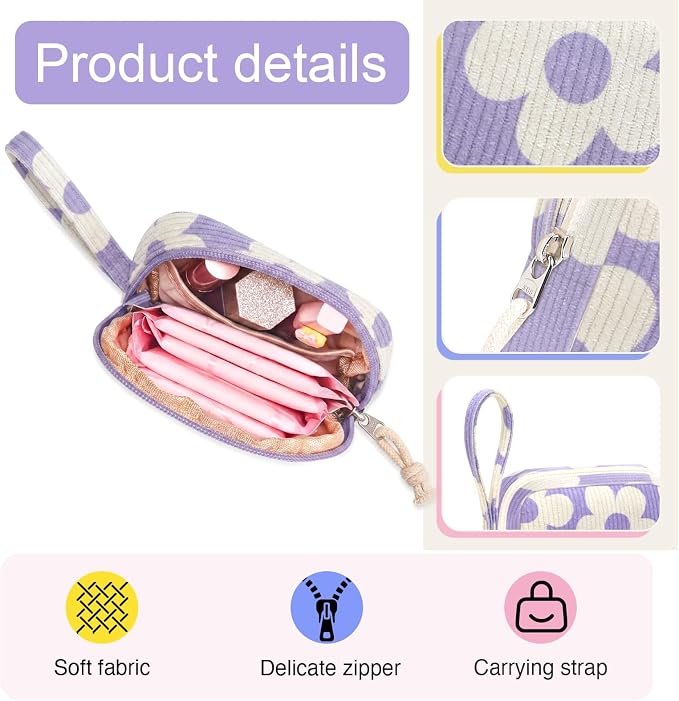 Corduroy Period Pouch for Women, Cute Sanitary Pad Pouch with Zipper, Portable Tampon Holder for Purse, Sanitary Napkin Storage Bag for Travel (BB Purple Flower)