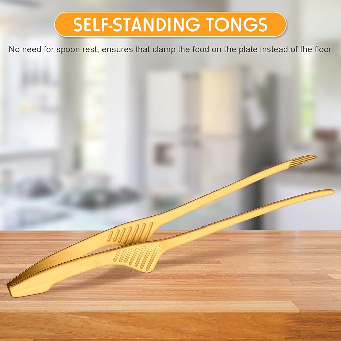 Patelai 2 Pieces Korean and Japanese BBQ Tongs Non Slip Cooking Utensils Stainless Steel Tongs for Serving Food, Salad, Camping, Barbecue, Buffet, Oven with Support Stand (Gold)