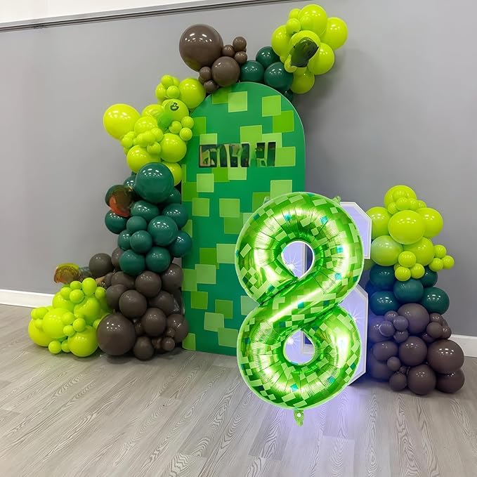 Number 8 Balloons 40 Inch, Gaint Cartoon Lime Green Pixel 8 Balloon Number for Boys 8th Birthday Decorations, Dark Kelly Green Foil 8 Balloon for Kids 8 Year Old Birthday Video Game Golf Party Decor