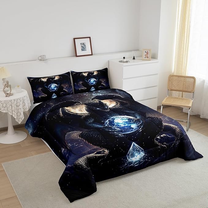 Feelyou Dragon Comforter Set King Size Comforter for Boys Girls Teens Wild Life Bedding Set Dragon Decor Duvet Set Room Decor Black Quilt Set