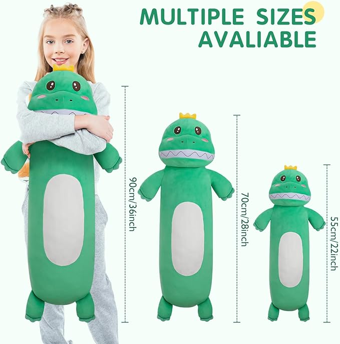 36” Large Dinosaur Plush Long Pillow, Cute Green Extra Dinosaur Stuffed Animals, Big Soft Body Pillow Squishy Plushies Toy, Gifts for Kids Boys Girls, Birthdays