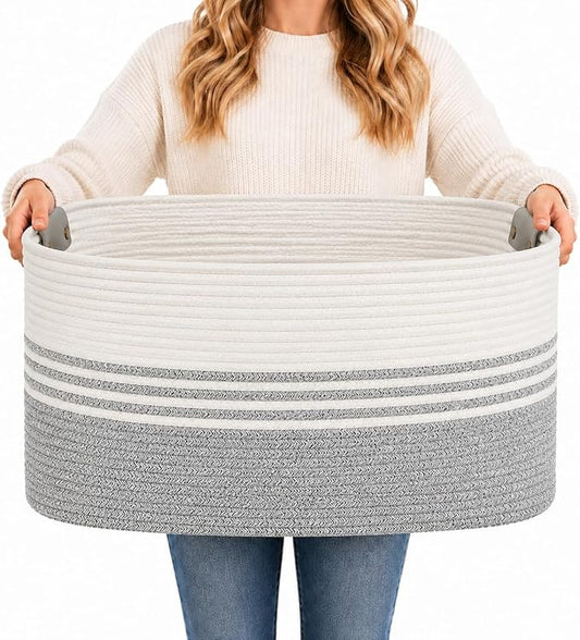 Laundry Hamper with Handles, 72L Rope Laundry Basket, Grey | Cotton rope clothes hamper with leather handles holds blankets, pillows, toys and laundry in nursery, bedroom or living room