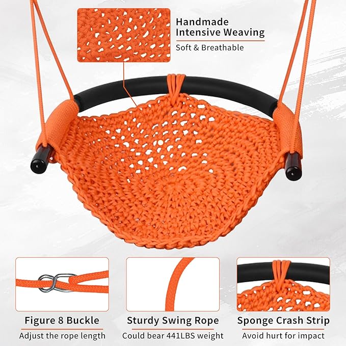 Hi-Na Kids Swing for Swing Set, Heavy Duty Rope Swings with Snap Hooks and Straps, 440LBS Capacity, Toddler Swing Seat for Indoor Porch, Outdoor Playground, Tree, Orange