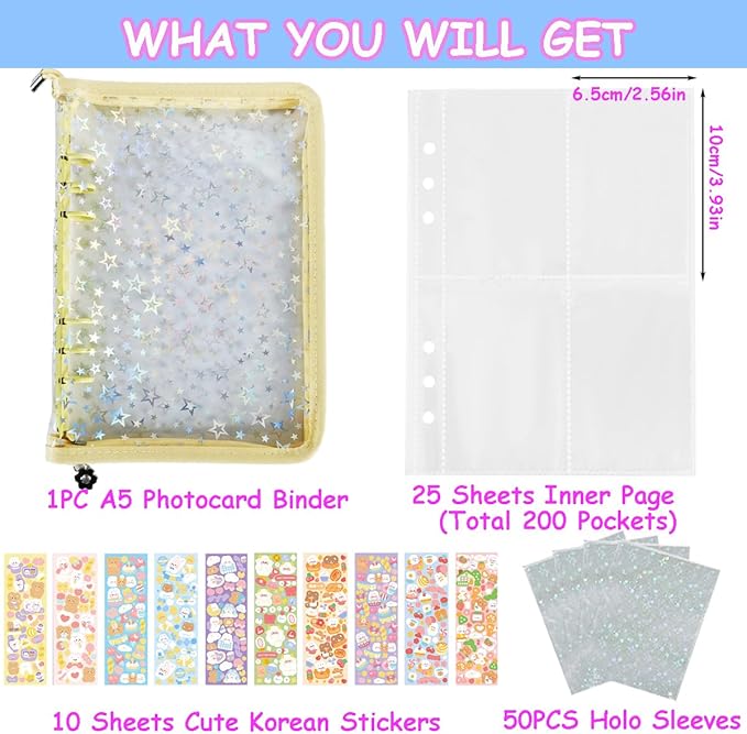 Kpop Photocard Binder with 6 Stickers Sheet & 50 Shinning Protective Sleeves Kpop Photocard Holder Book with Kpop Photocard, A5 Binder Photocard Album 30 Inner Pages with 240 Pockets (Yellow)