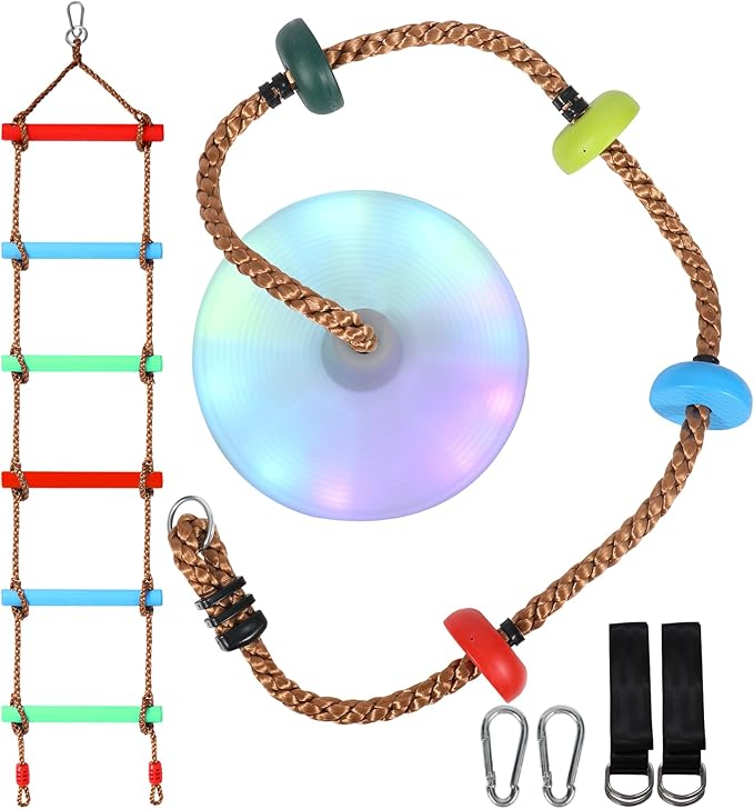 REDCAMP LED Climbing Rope Swings and Rope Ladder Cambo for Trees, Heavy Duty Plastic Disc Swing Seat for Kids with Hanging Strap and Snap Hooks
